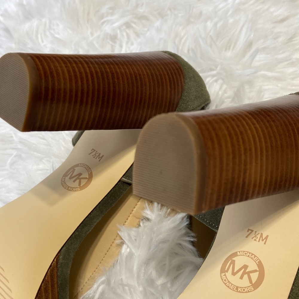Michael Kors Olive Green Suede Platform Heels with Wood-Effect Block Heel - Picture 10 of 10